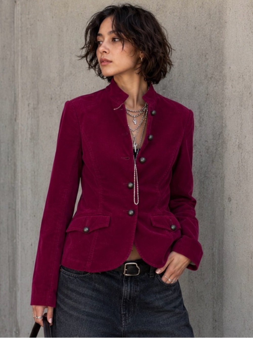 Coldwater Creek Burgundy Cuorduroy Military Style Jacket Blazer Petite 4
